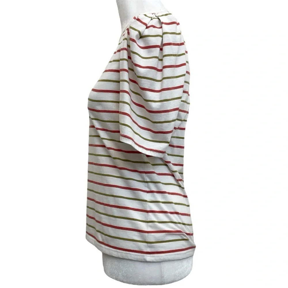 Rebecca Taylor A-Line White & Multicolor Striped Puff Sleeve T-Shirt